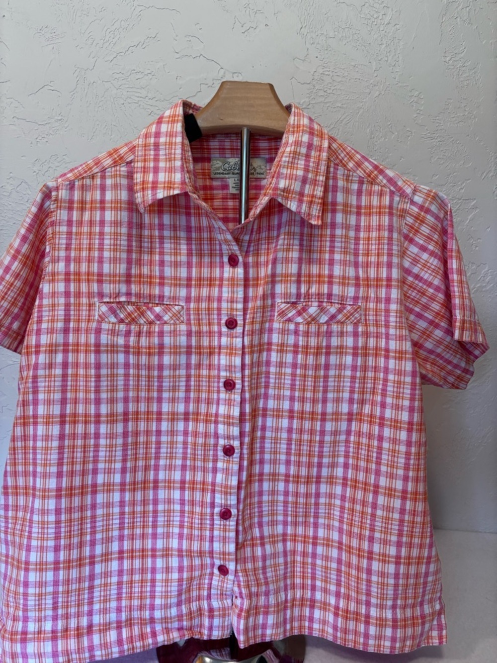 Cabela’s Plaid Button Up Shirt Pink Orange 100% Cotton Short Sleeve L